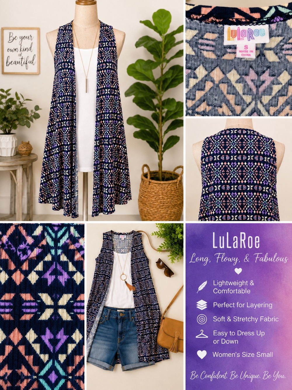 LuLaRoe Long, Flowy, Colorful, Patterned Vest (Women’s Size Small) (Version 2)